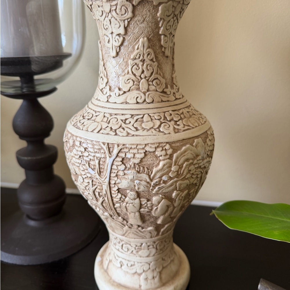Decorative Carved Resin Vase in Beige - Elegant Home Accent